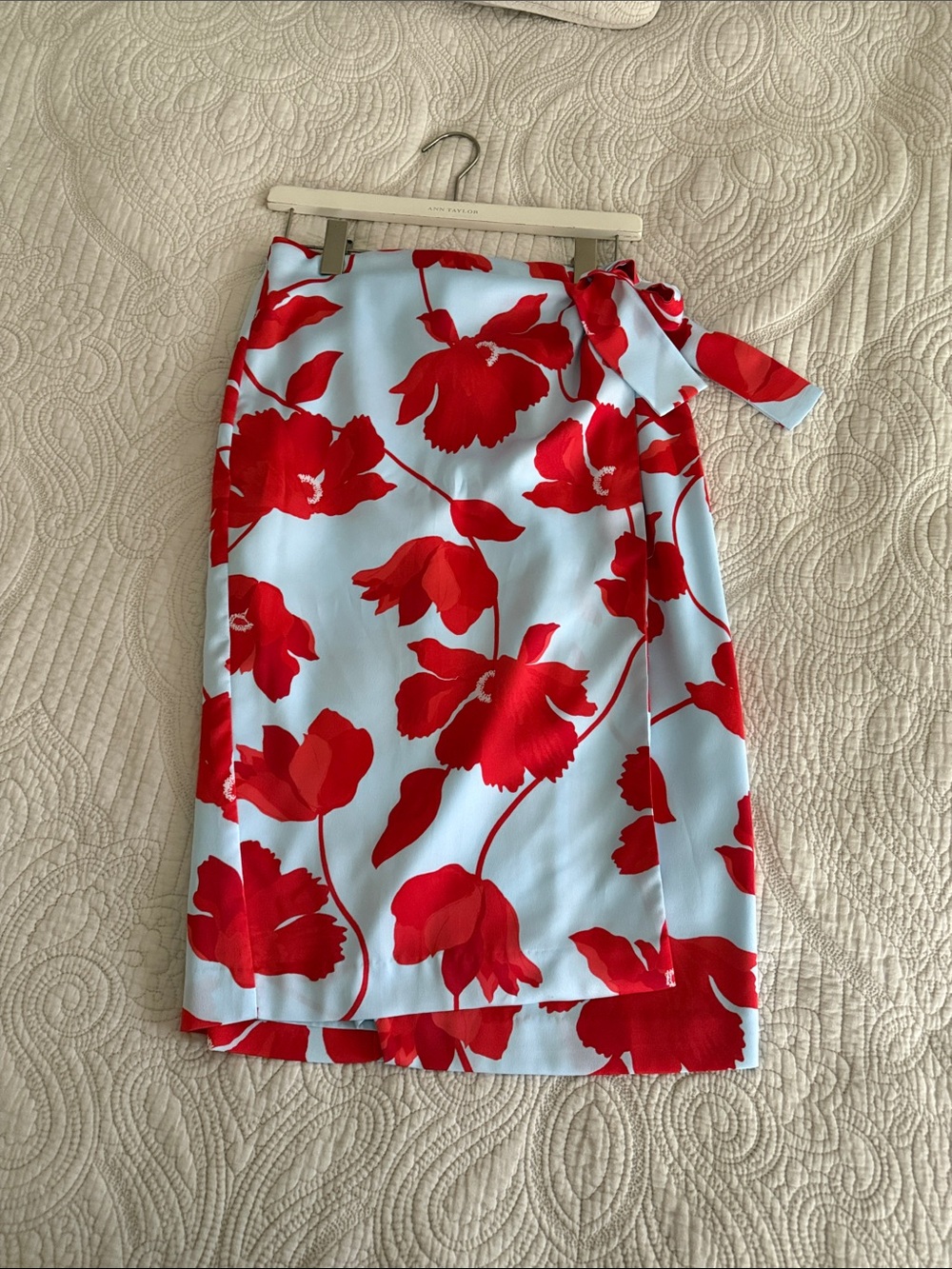 Ann Taylor Red Floral Asymmetrical Skirt on Light Blue
